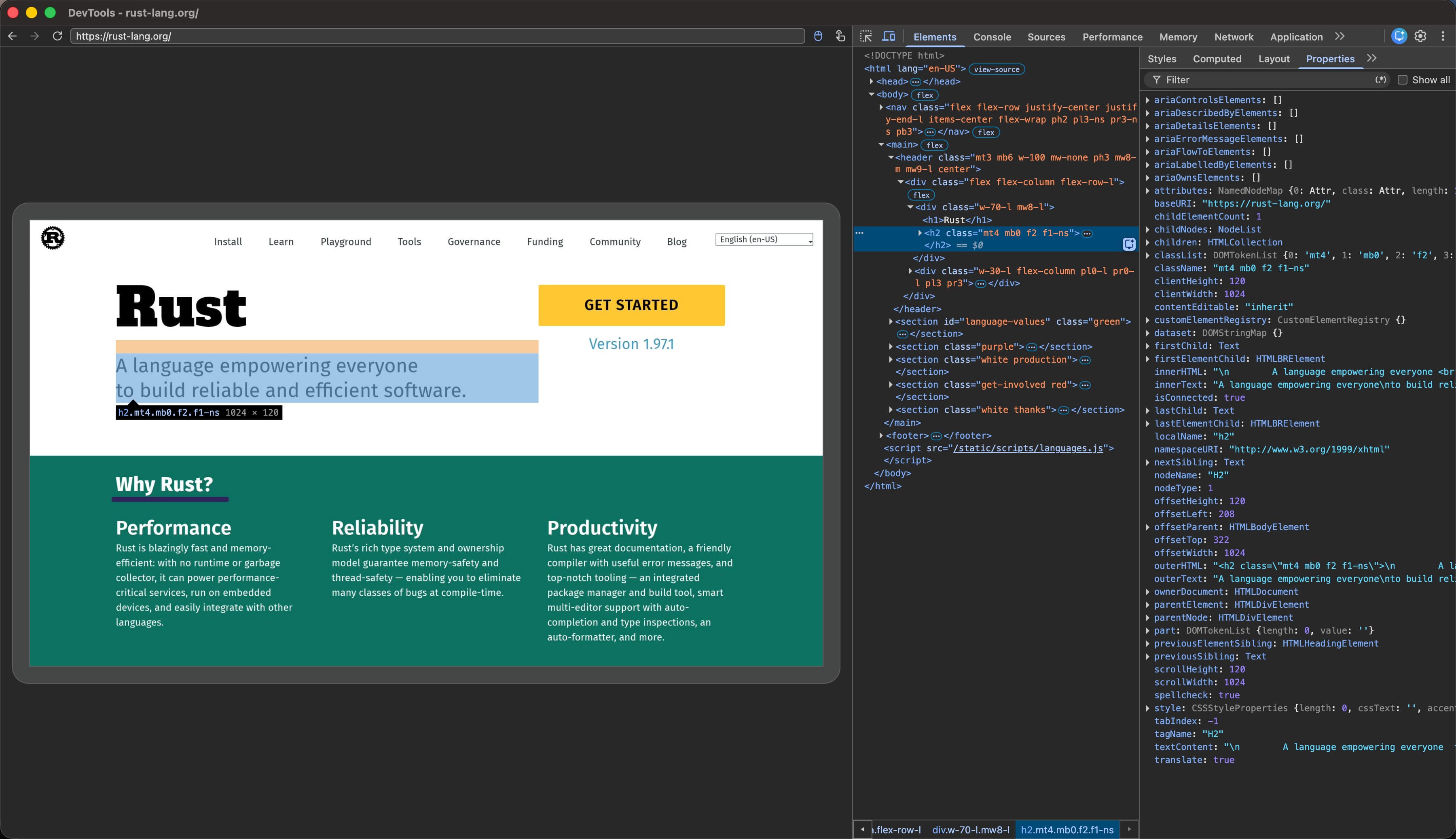 Inspecting Moli's rendering of rust-lang.org with Chrome DevTools