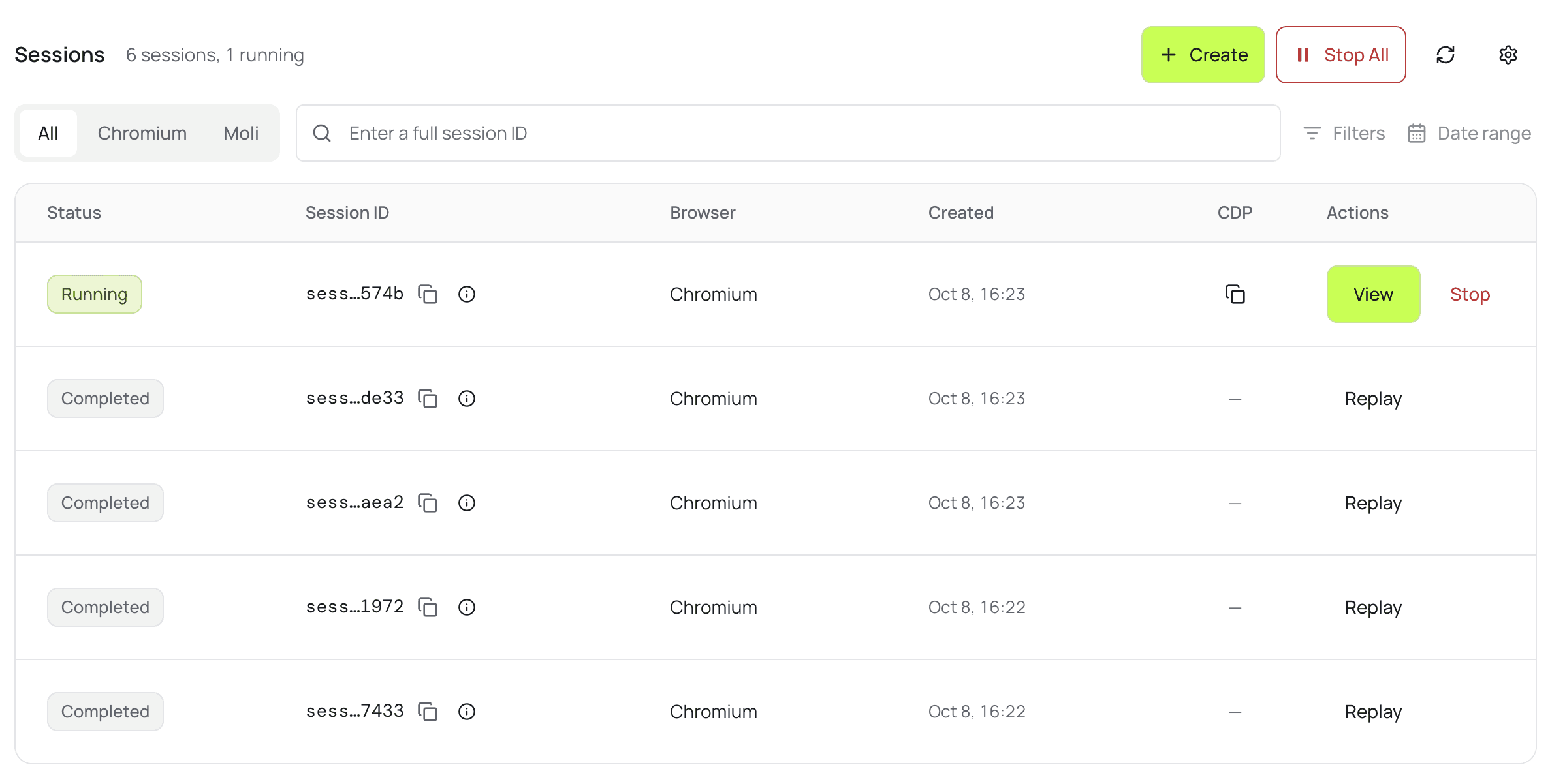 Cloud Browser session search and list with running and completed sessions.