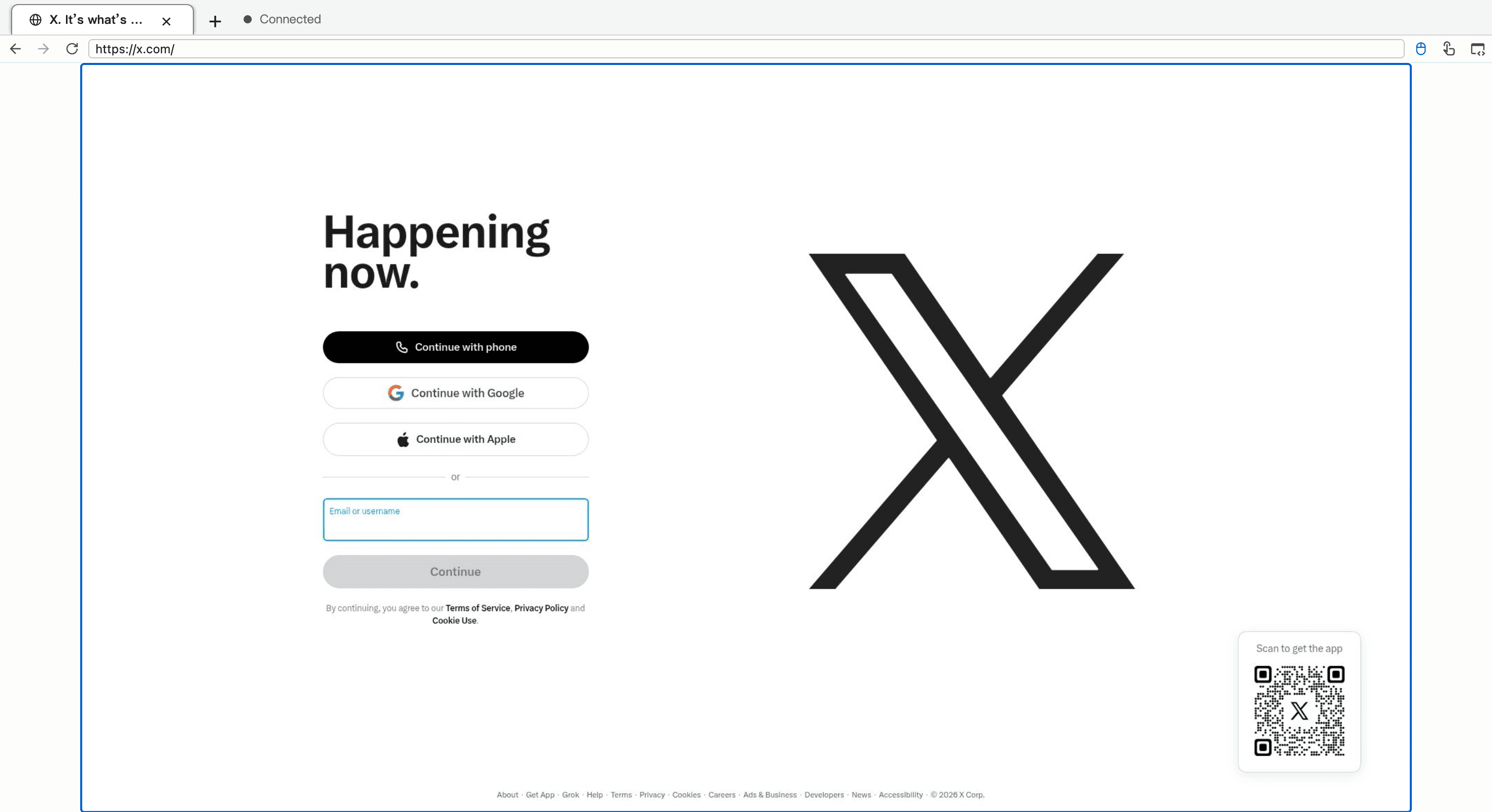 Connected Cloud Browser Live View displaying the X sign-in page.