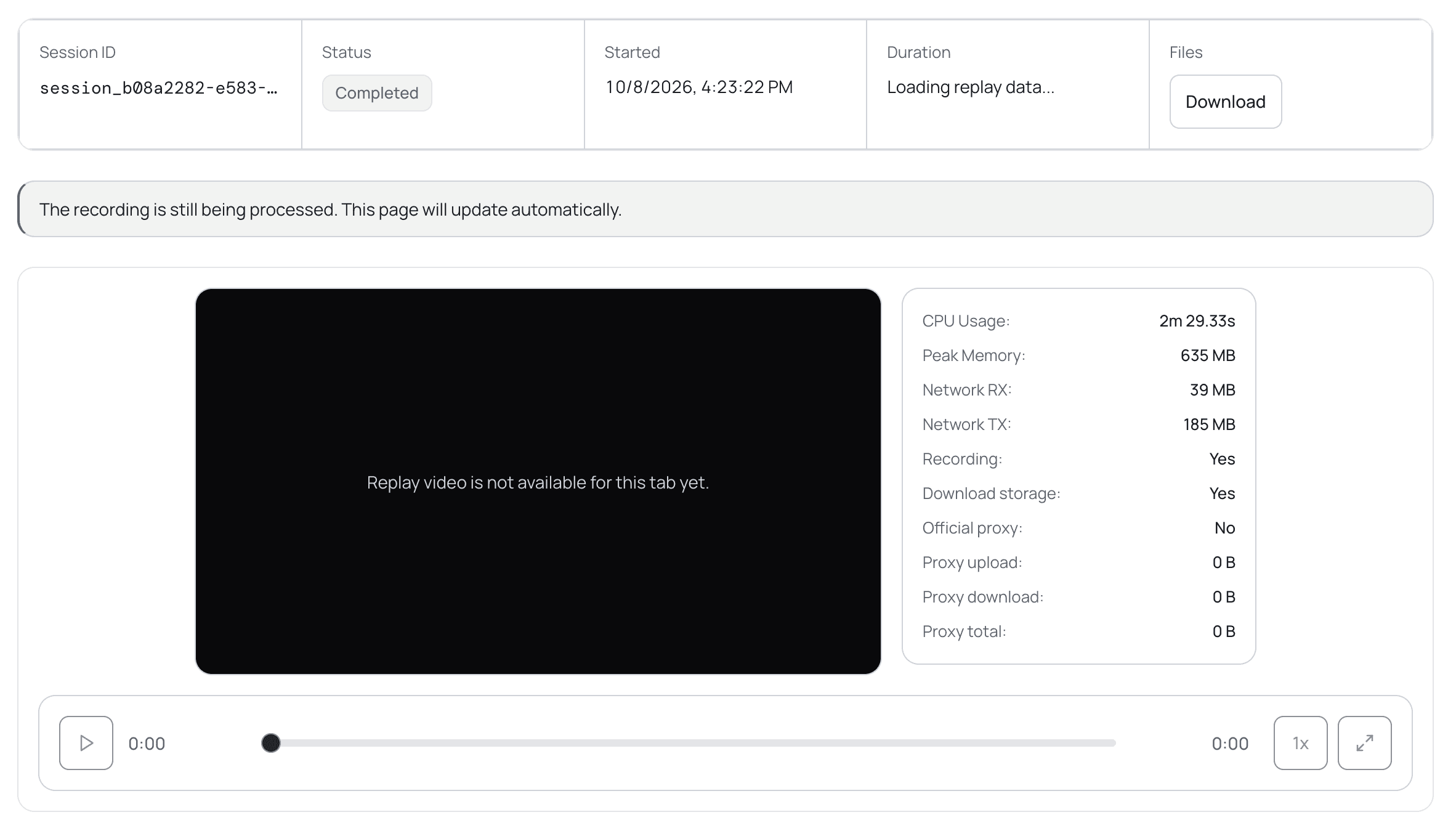 Completed Cloud Browser session with recording processing, Replay controls, and run statistics.