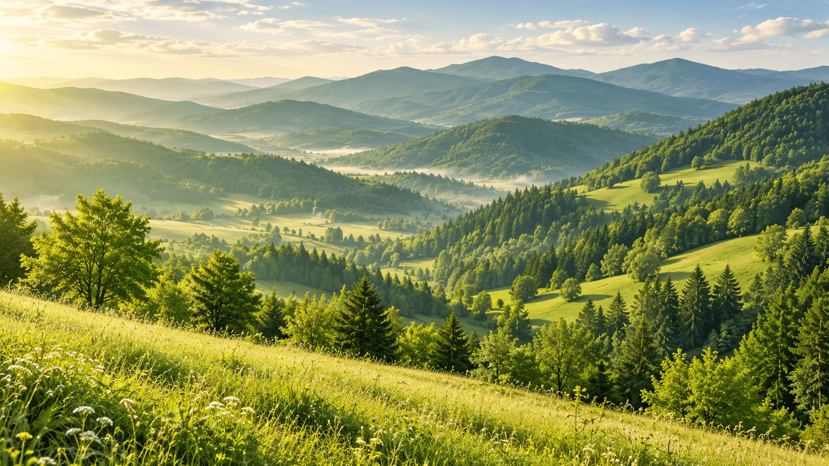 An open valley and green meadows in the morning light