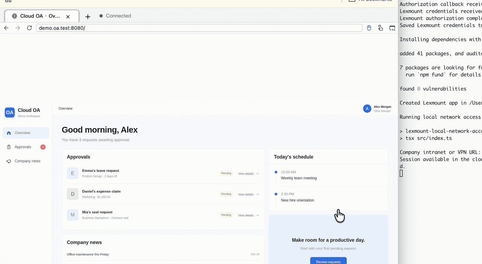 Demo · A cloud browser accesses an intranet through a local tunnel