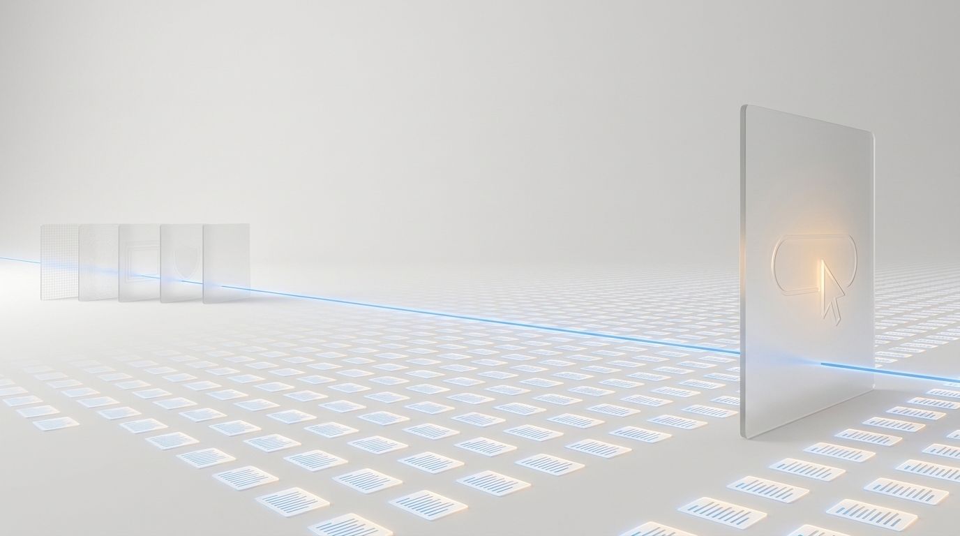 A blue beam passes through several distant frosted-glass panels, sweeps over a floor covered in web-page cards and arrives at a glass panel engraved with a mouse pointer and a button