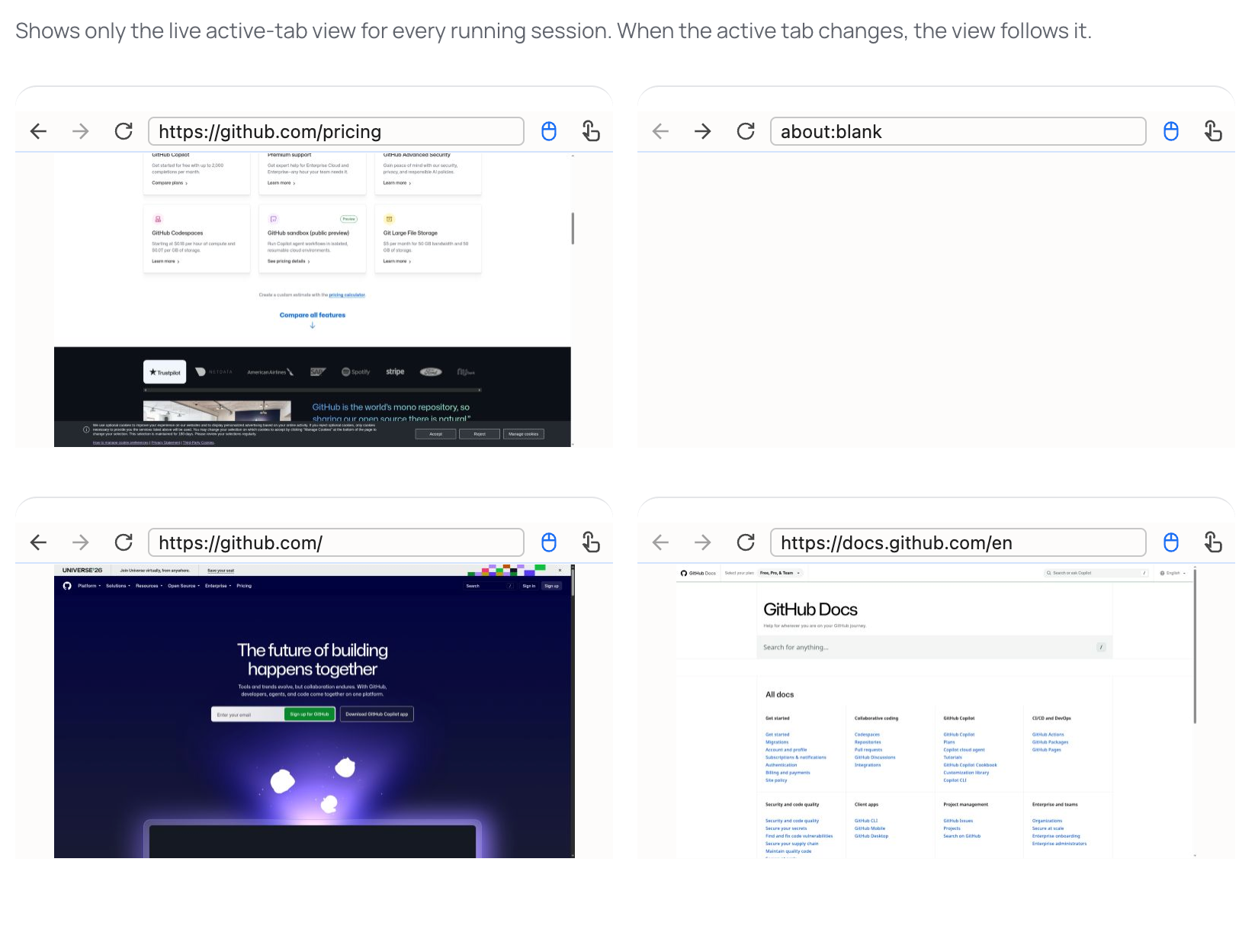 The Lexmount live session board showing the current pages of multiple cloud browsers side by side