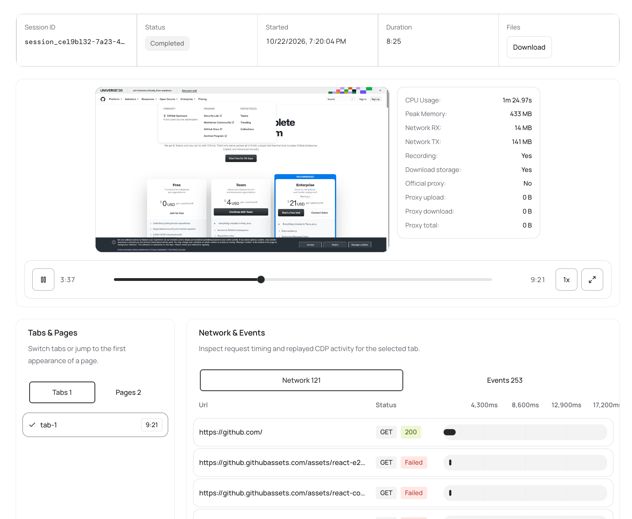Lexmount session replay with the recording, playback timeline, speed controls, and resource statistics